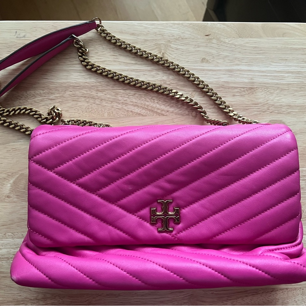 Tory Burch Pink and Gold Chevron Quilted Shoulder Bag
